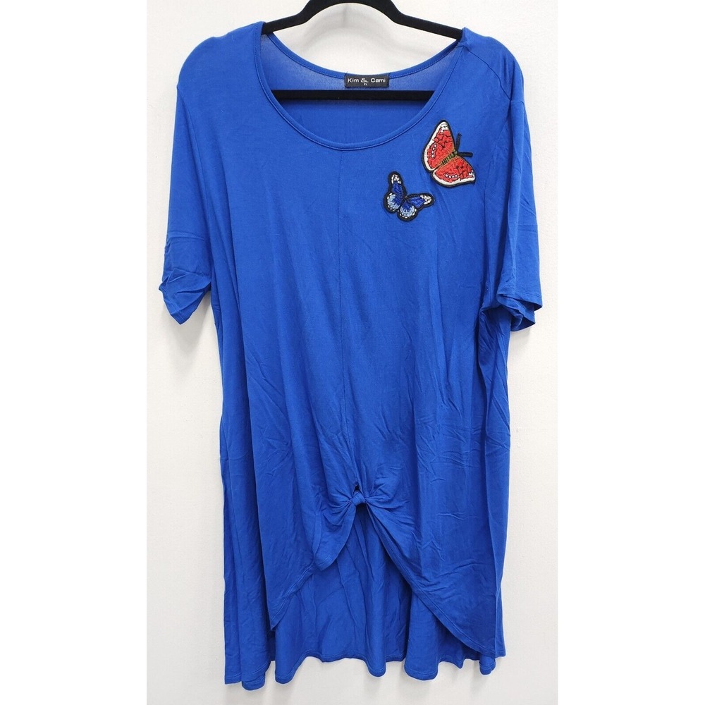 Kim & Cami BOHO Tunic Top Womens 2X Blue Butterfly Embroidery Hi Low Knot Hem